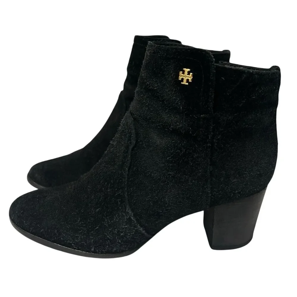 Tory Burch Sabe Ankle Boots Side Zip Black Suede Leather Booties Women’s Size 7